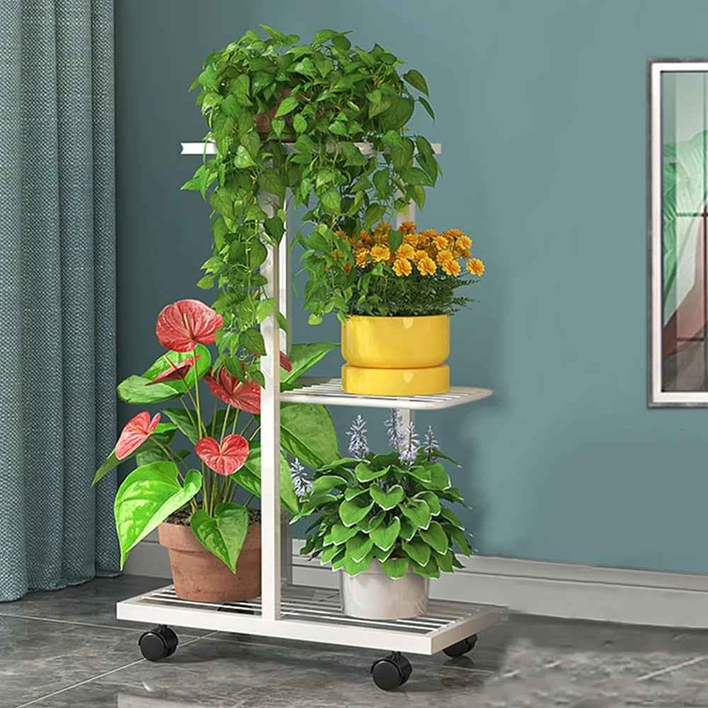 White 6-tier plant shelf rack with multiple shelves and casters, holding potted plants
