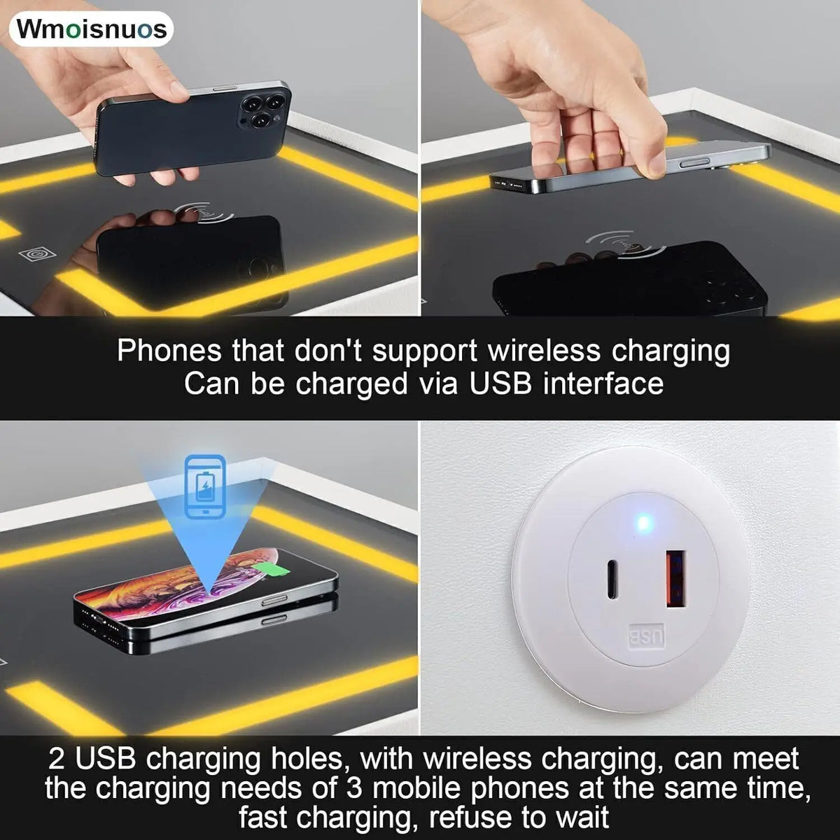 Cream white bedside table featuring USB charging holes and wireless charging zone