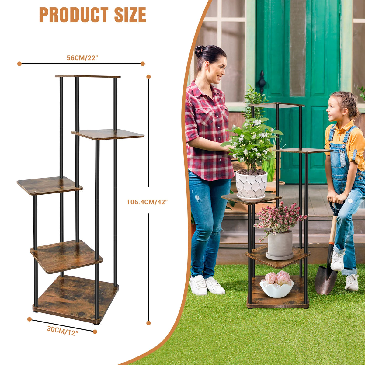 Multi-tier plant stand with wooden shelves and black frame, size view shown