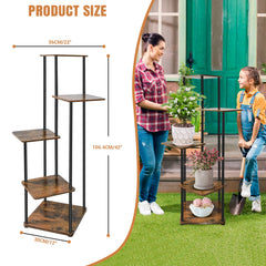 Multi-tier plant stand with wooden shelves and black frame, size view shown