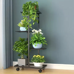 Black 6-tier plant shelf rack side view with slatted shelves and wheels, potted plants