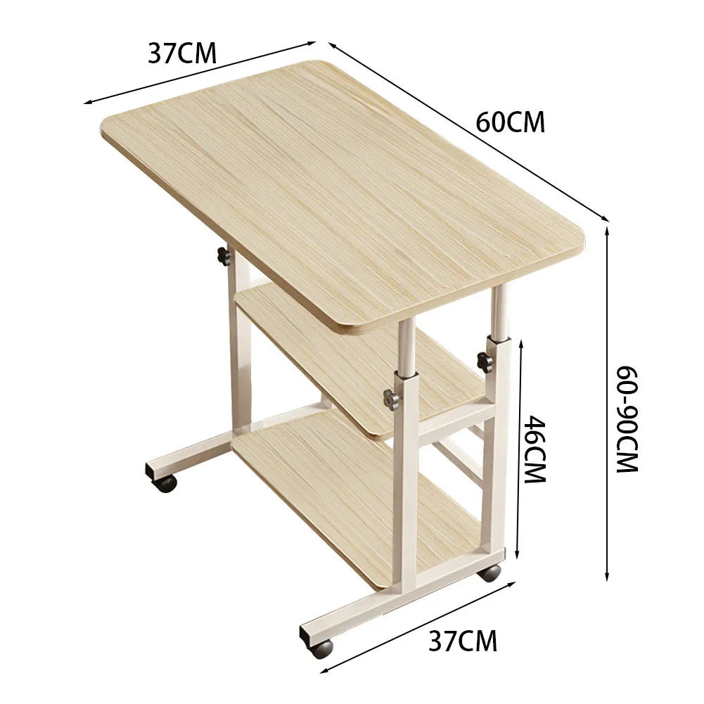 Light wood lift-top bedside desk table with lower storage shelf and wheels