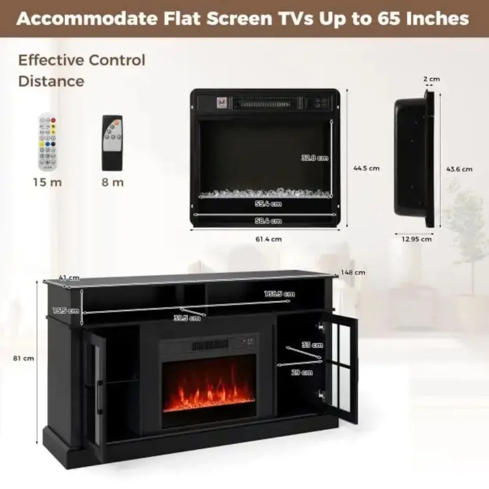 Black electric fireplace TV stand with dimensions, side doors, and central flame screen.