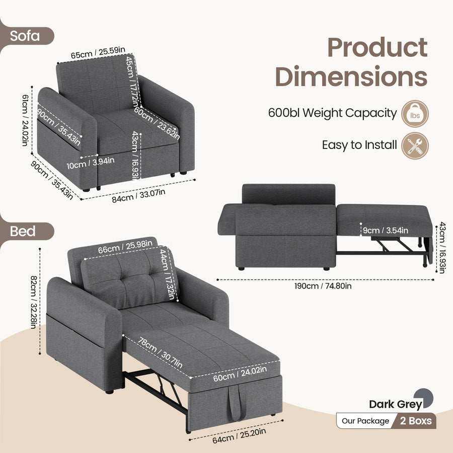 Dark grey sofa bed chair in bed and sofa views with product dimensions graphic