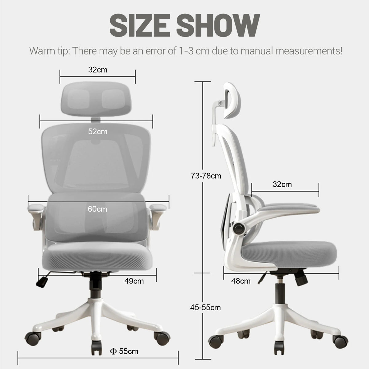 Size chart with front and side views of a gray ergonomic office chair