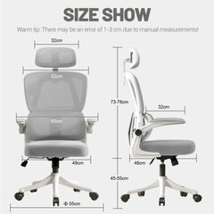 Size chart with front and side views of a gray ergonomic office chair