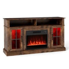 Brown wooden fireplace TV stand with glass-front insert and red flame effect.