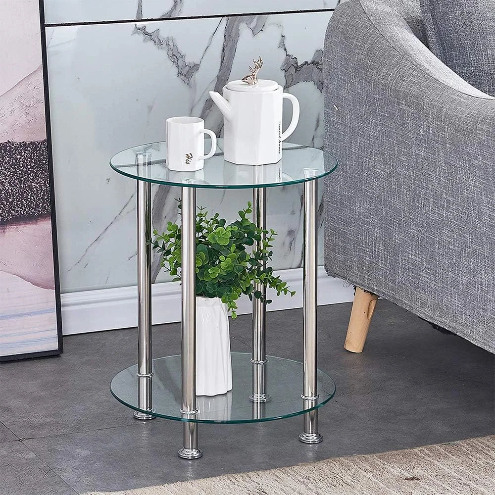 Round 2-tier clear glass end table with stainless steel legs