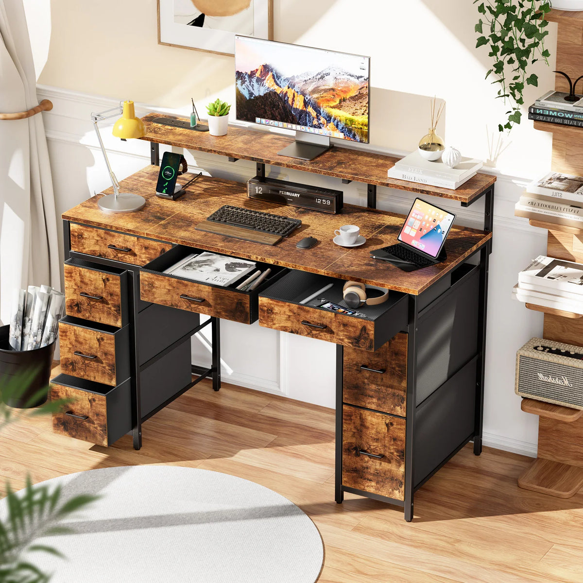 Industrial computer desk with wood-look top and 9 fabric storage drawers