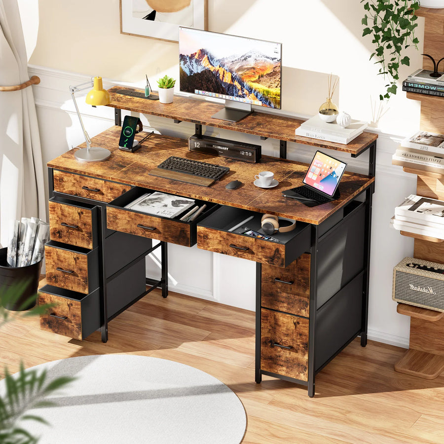 Industrial computer desk with wood-look top and 9 fabric storage drawers