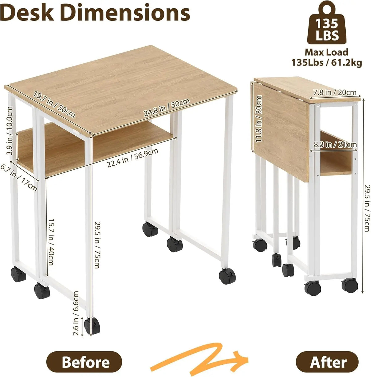 Folding computer desk with wheels, light wood top, white frame, side view dimensions