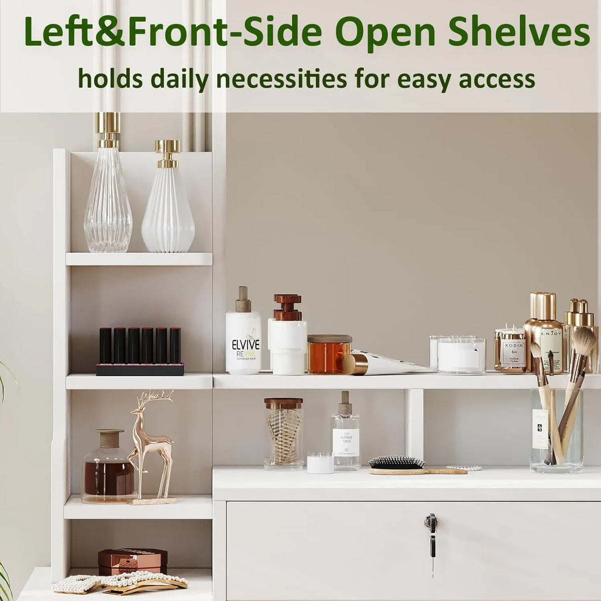 White vanity desk with left and front open shelves for skincare and makeup