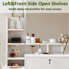 White vanity desk with left and front open shelves for skincare and makeup
