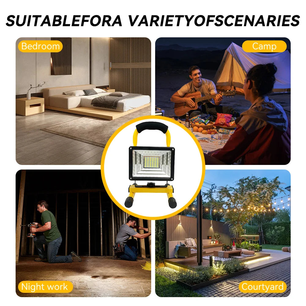 Portable LED flood light work lamp with yellow handle and black frame for indoor or outdoor use