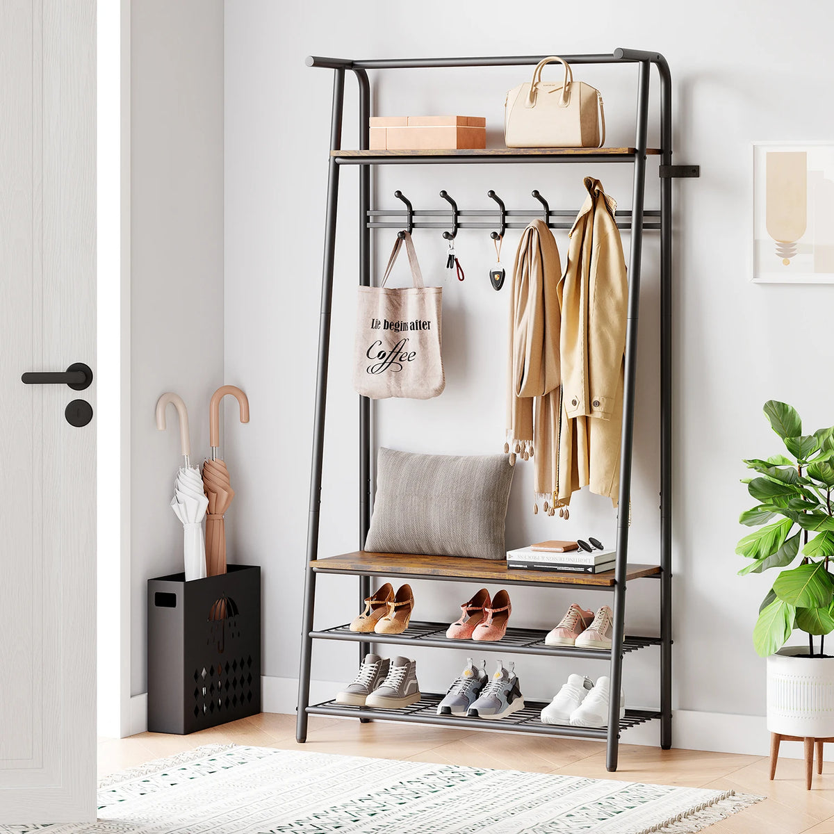 Entryway coat rack shoe bench with black steel frame, hanging bar, and 2 shoe shelves