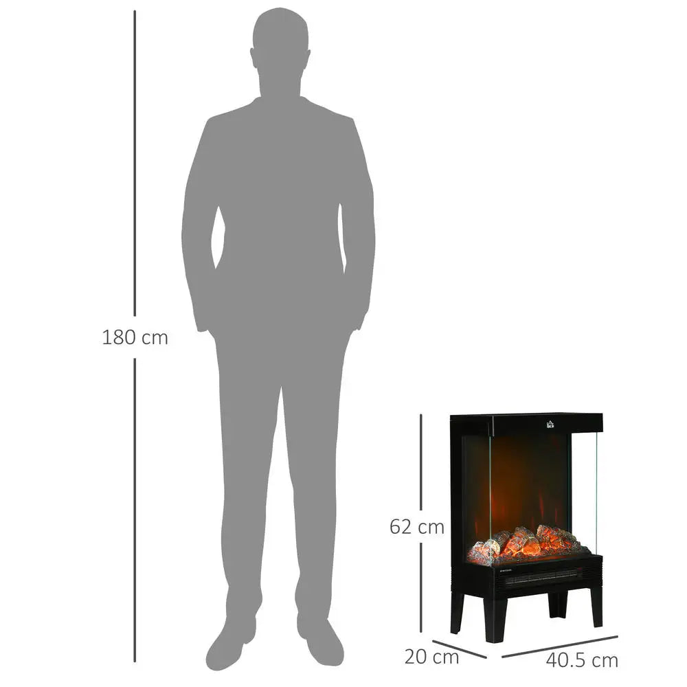 Electric fireplace heater with tempered glass and size guide silhouette, black
