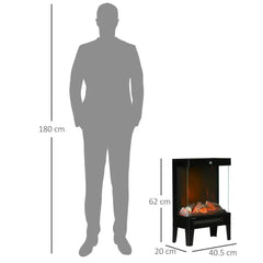 Electric fireplace heater with tempered glass and size guide silhouette, black