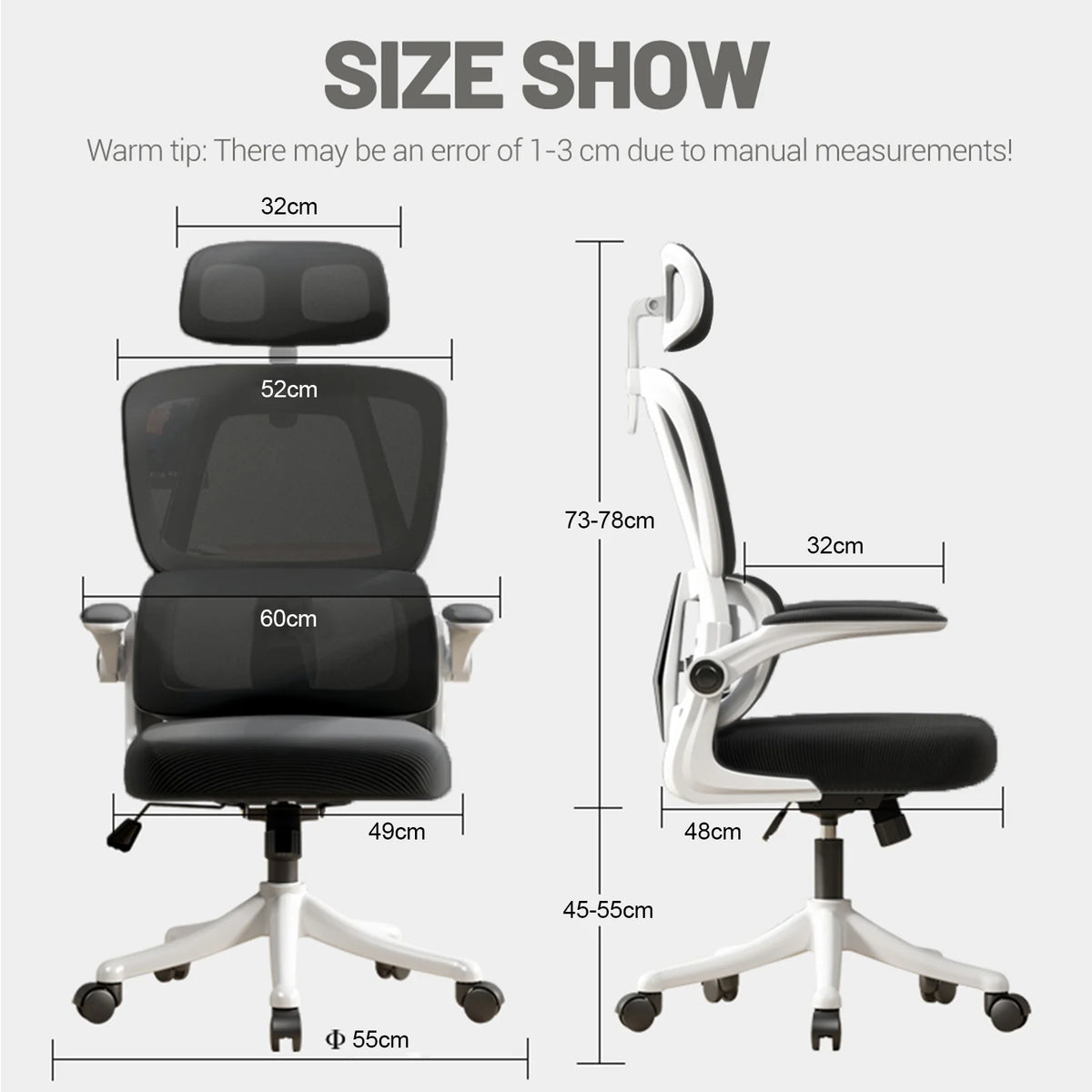 Ergonomic mesh office chair with lumbar, black seat, white base, flip-up arms.