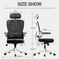 Ergonomic mesh office chair with lumbar, black seat, white base, flip-up arms.
