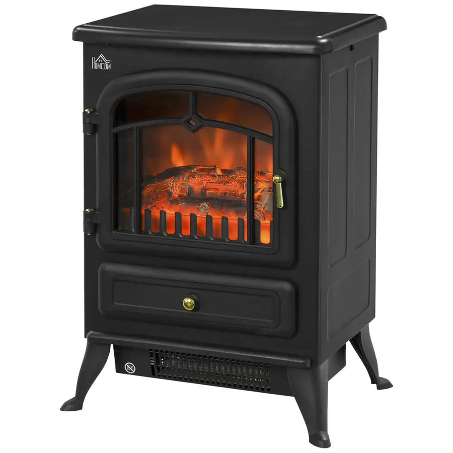 Black electric fireplace stove with arched glass door showing orange flame effect