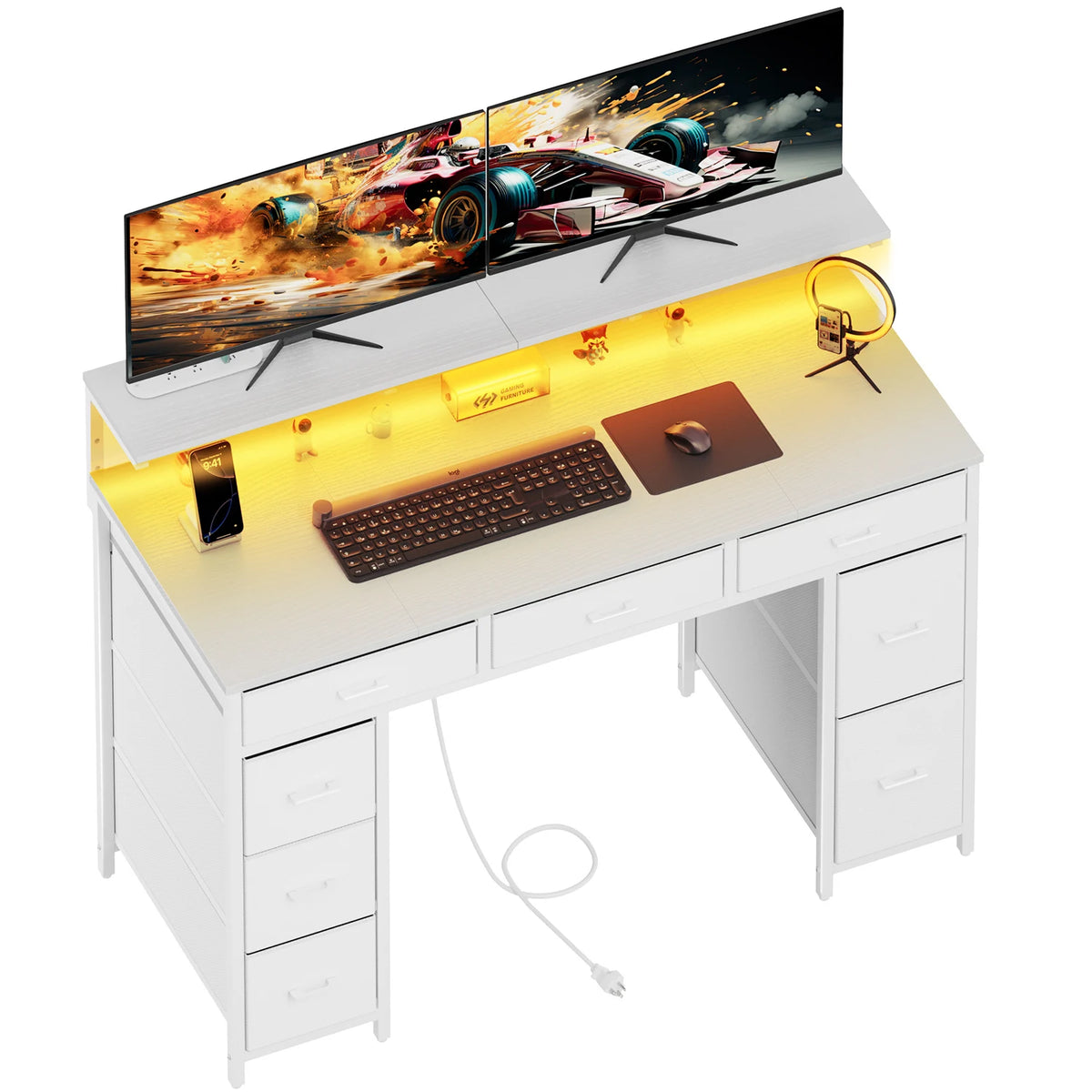 White computer desk with adjustable monitor stand and front power outlet