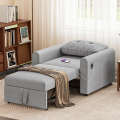 Light grey single sofa bed chair with tufted back and pull-out bed base