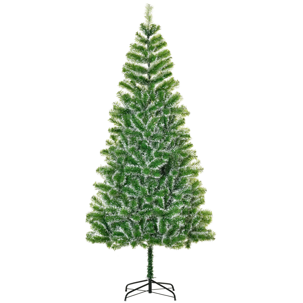 Green artificial Christmas tree with metal stand, full triangular shape.