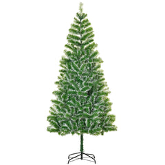 Green artificial Christmas tree with metal stand, full triangular shape.