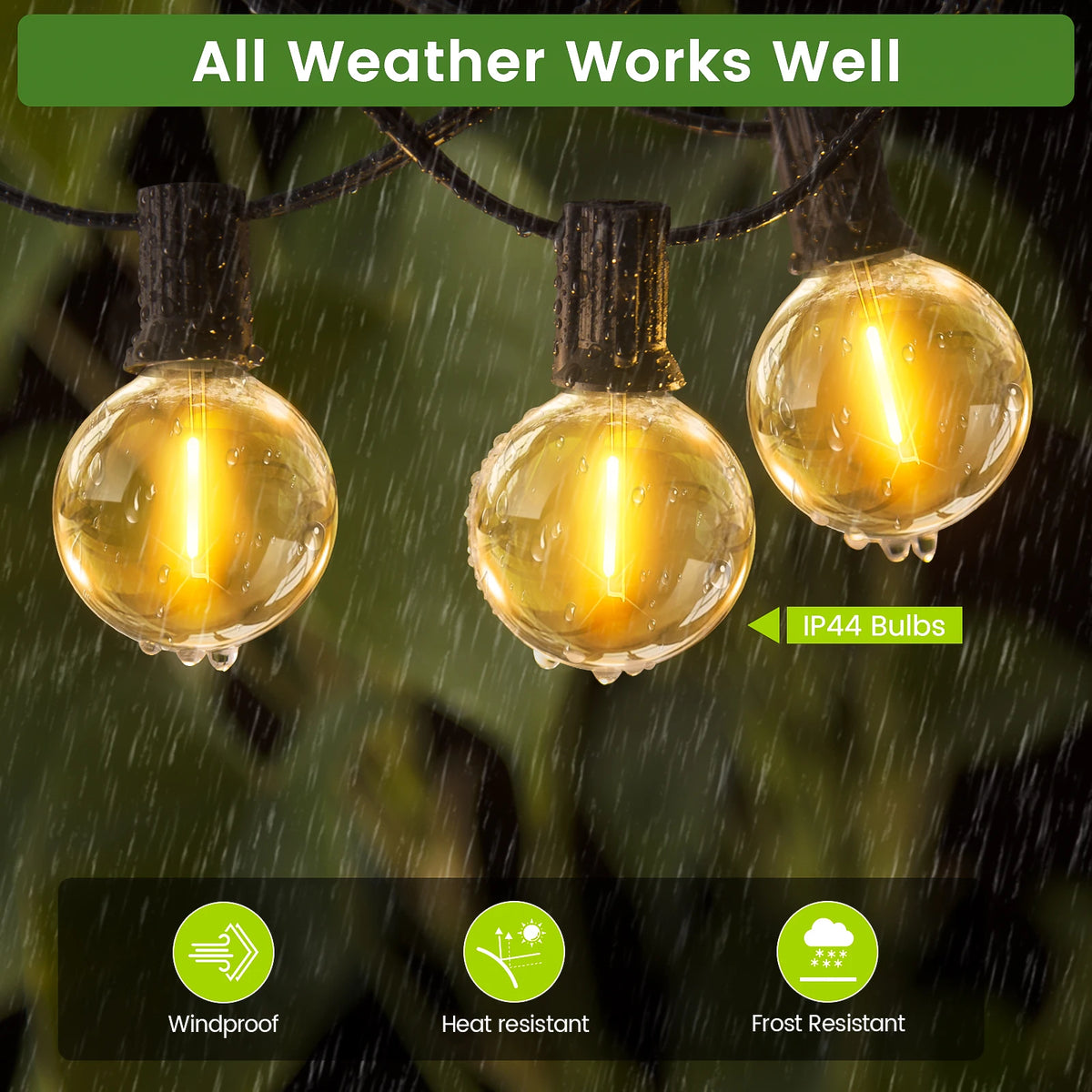 Waterproof outdoor G40 globe LED bulbs on a string, made for rainy weather