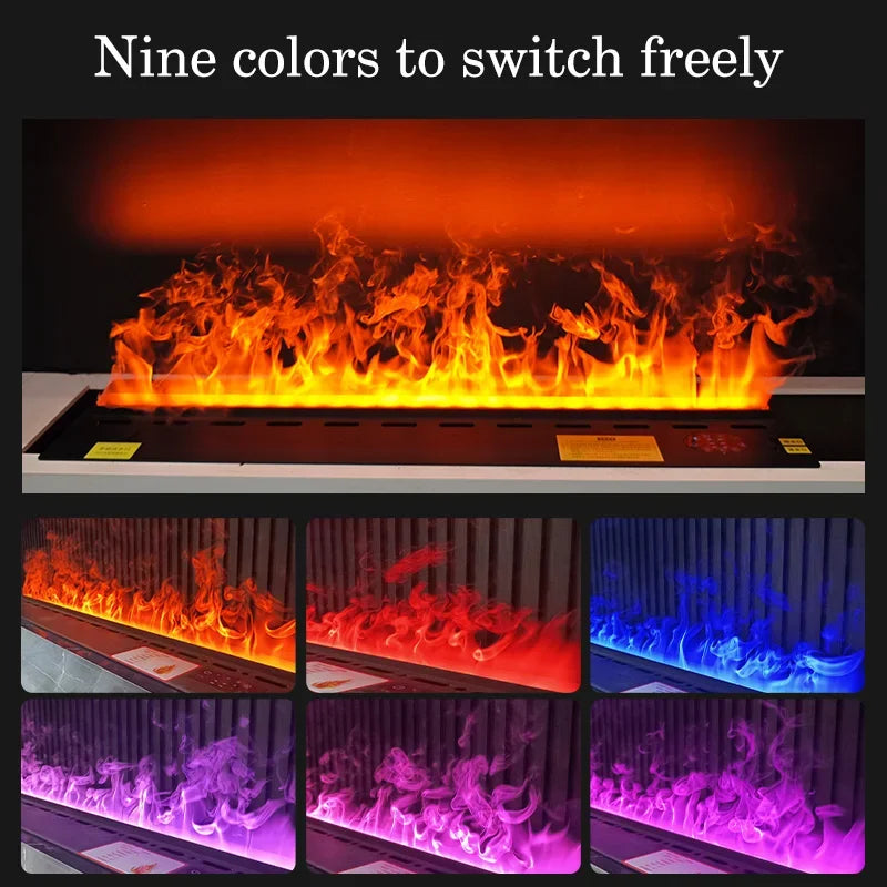 Electric fireplace with color-changing flame effects in multiple hues