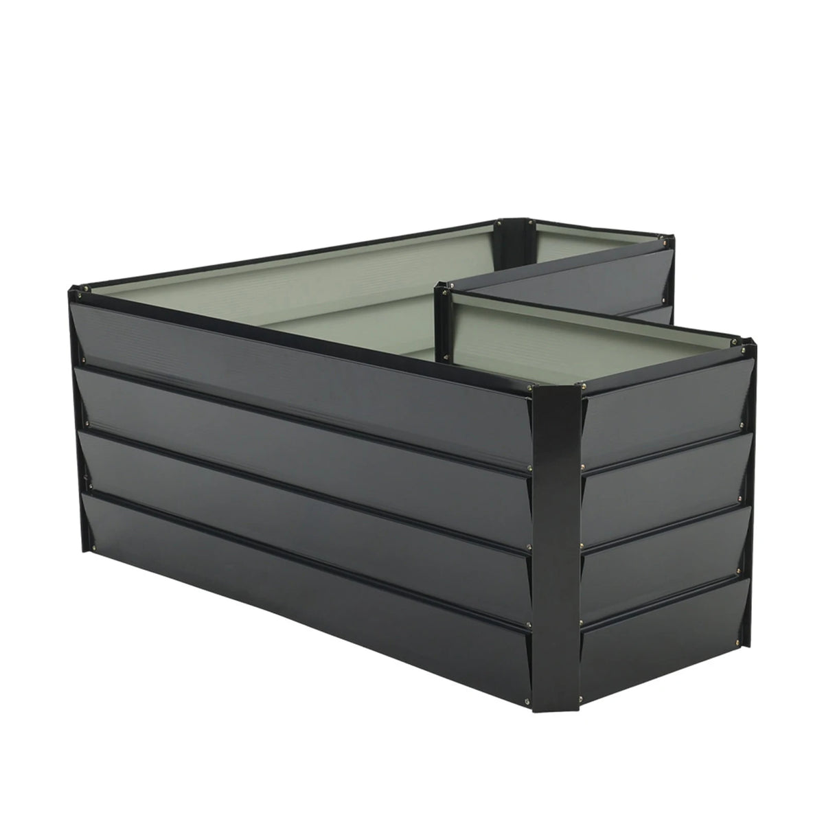 Charcoal black L-shaped metal raised garden bed, empty interior with corner section