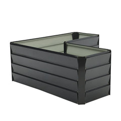 Charcoal black L-shaped metal raised garden bed, empty interior with corner section