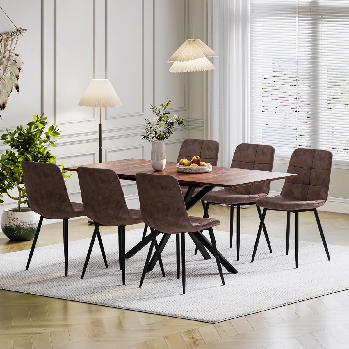 Rectangular extendable dining table with dark wood top and 6 upholstered brown chairs