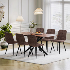 Rectangular extendable dining table with dark wood top and 6 upholstered brown chairs