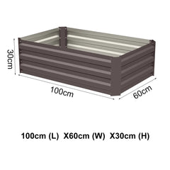 Raised bed planter size 100cm x 60cm x 30cm (L x W x H), dark gray slats.