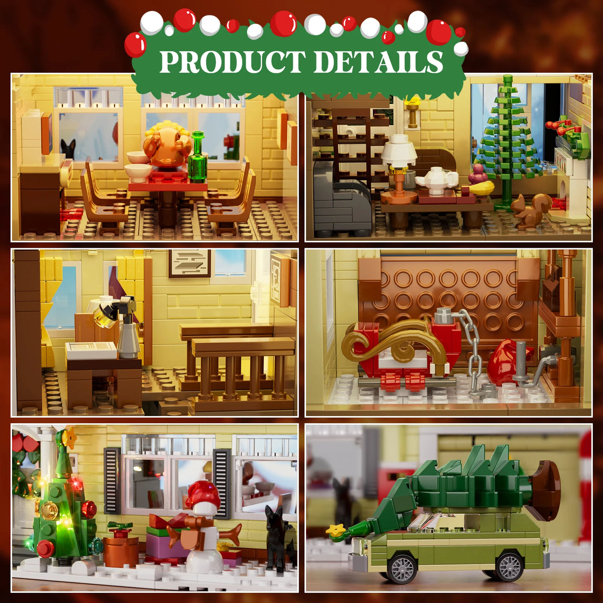Christmas house building blocks set interior and detail close-ups, step-by-step views