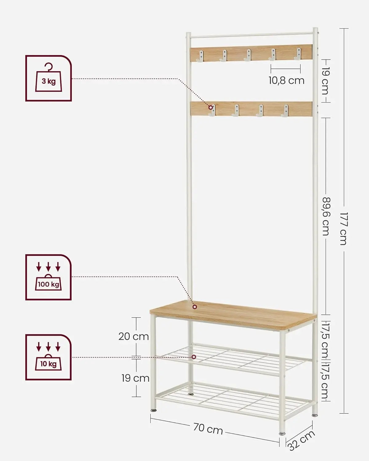 Coat stand and shoe bench with labeled dimensions and hook layout