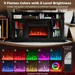 Black electric fireplace TV stand with colorful RGB LED flame bed and remote control.