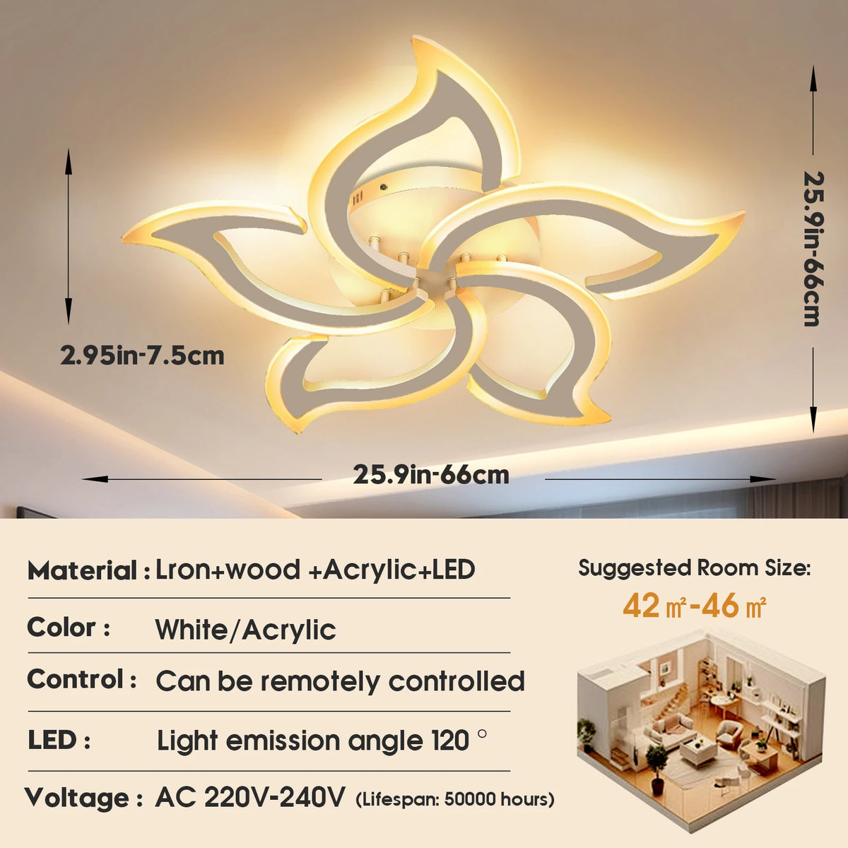 Flower-shaped LED ceiling light with dimensions and materials: iron, wood, and acrylic
