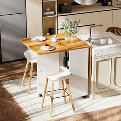 White rolling folding table with light wood top, open cabinet storage, and side shelving