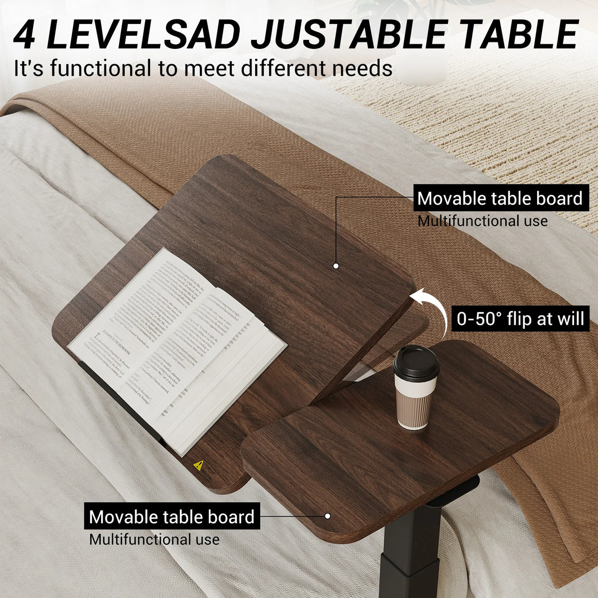 4-level adjustable overbed table with movable flip desktop on dark wood finish