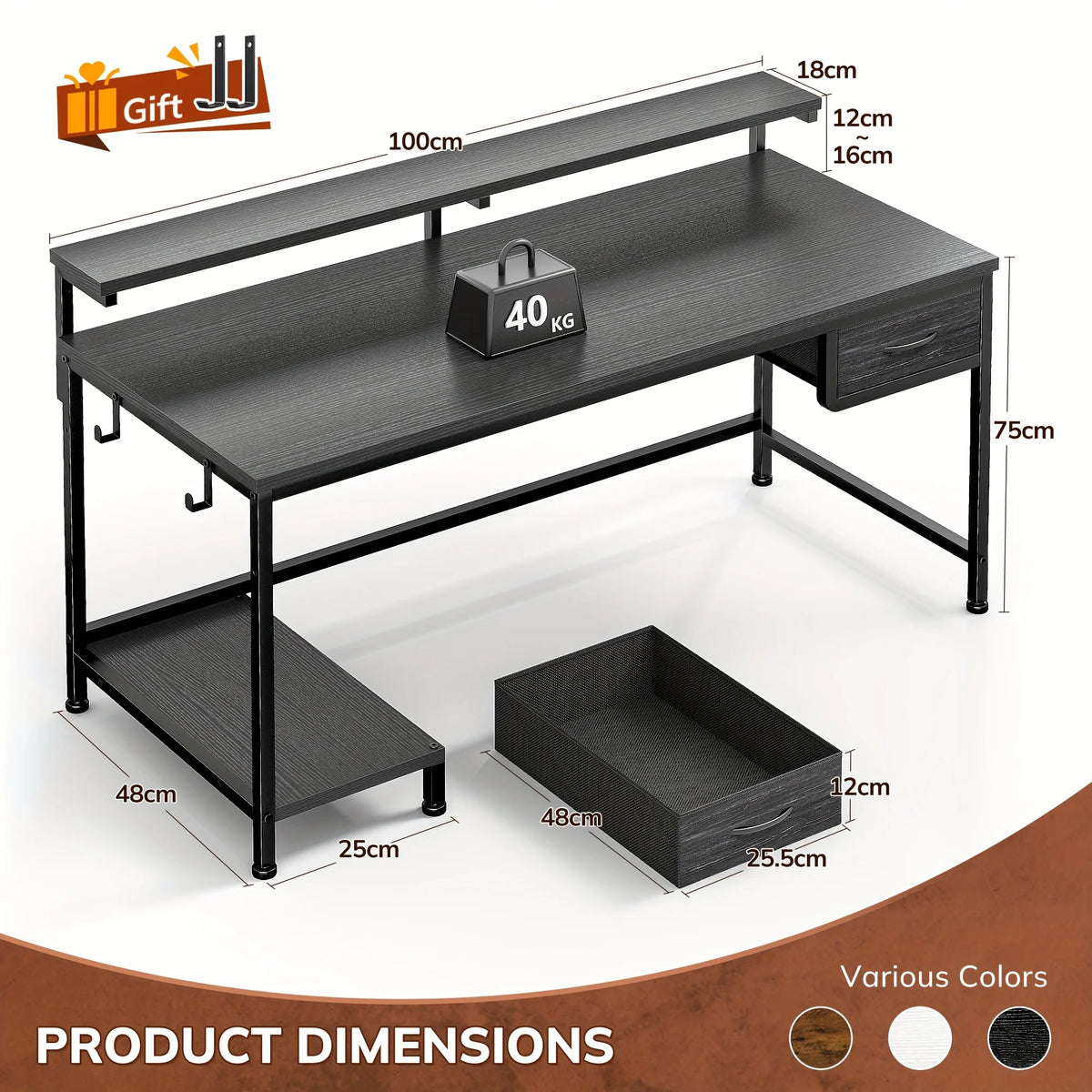 Compact computer desk diagram with dimensions and built-in shelves, dark finish