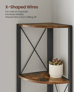 X-frame corner shelf unit with wood-look top and middle shelves, black metal structure