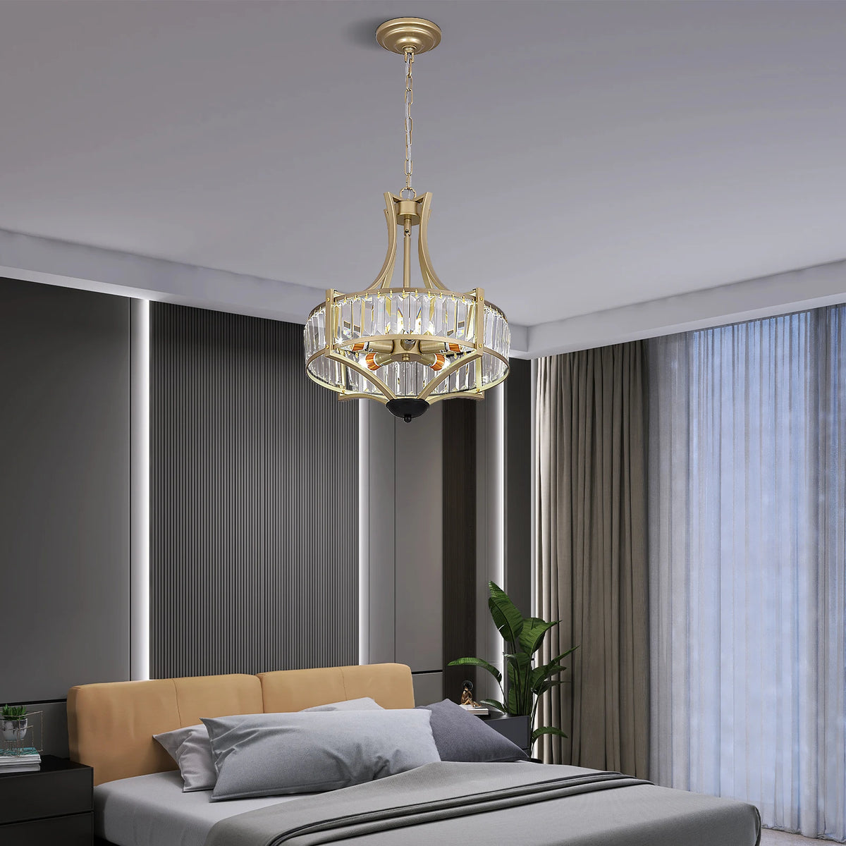 Gold crystal pendant ceiling lamp with clear crystal drum shade and chain mount