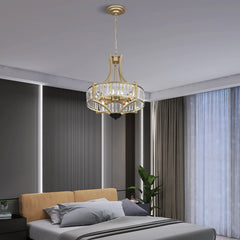 Gold crystal pendant ceiling lamp with clear crystal drum shade and chain mount