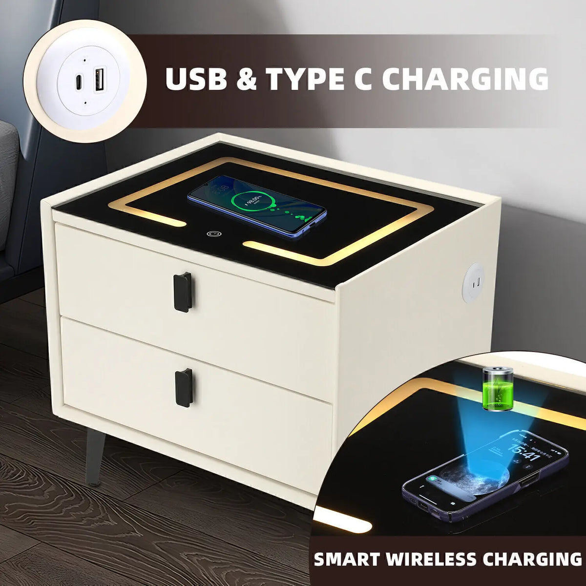 Cream white bedside table with wireless charging pad and USB and Type-C ports