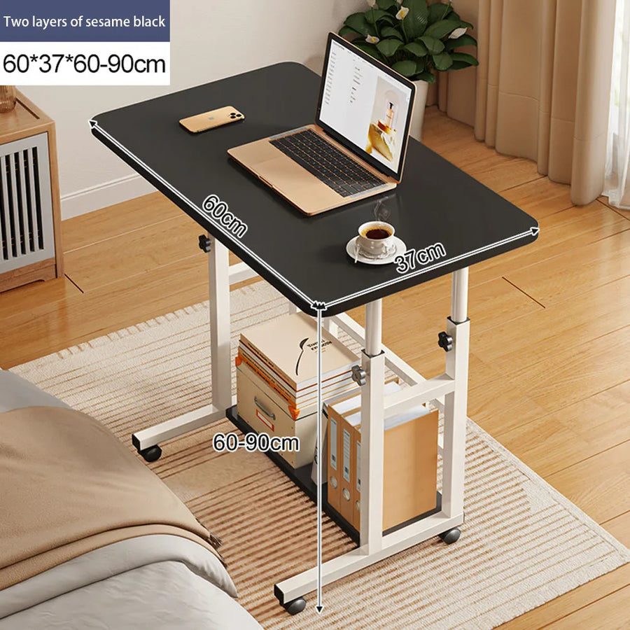 Mobile lift-top bedside desk table with black top and storage shelf