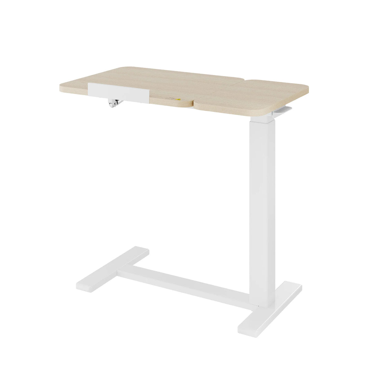 Adjustable overbed table with tilting top, light wood surface, and white base