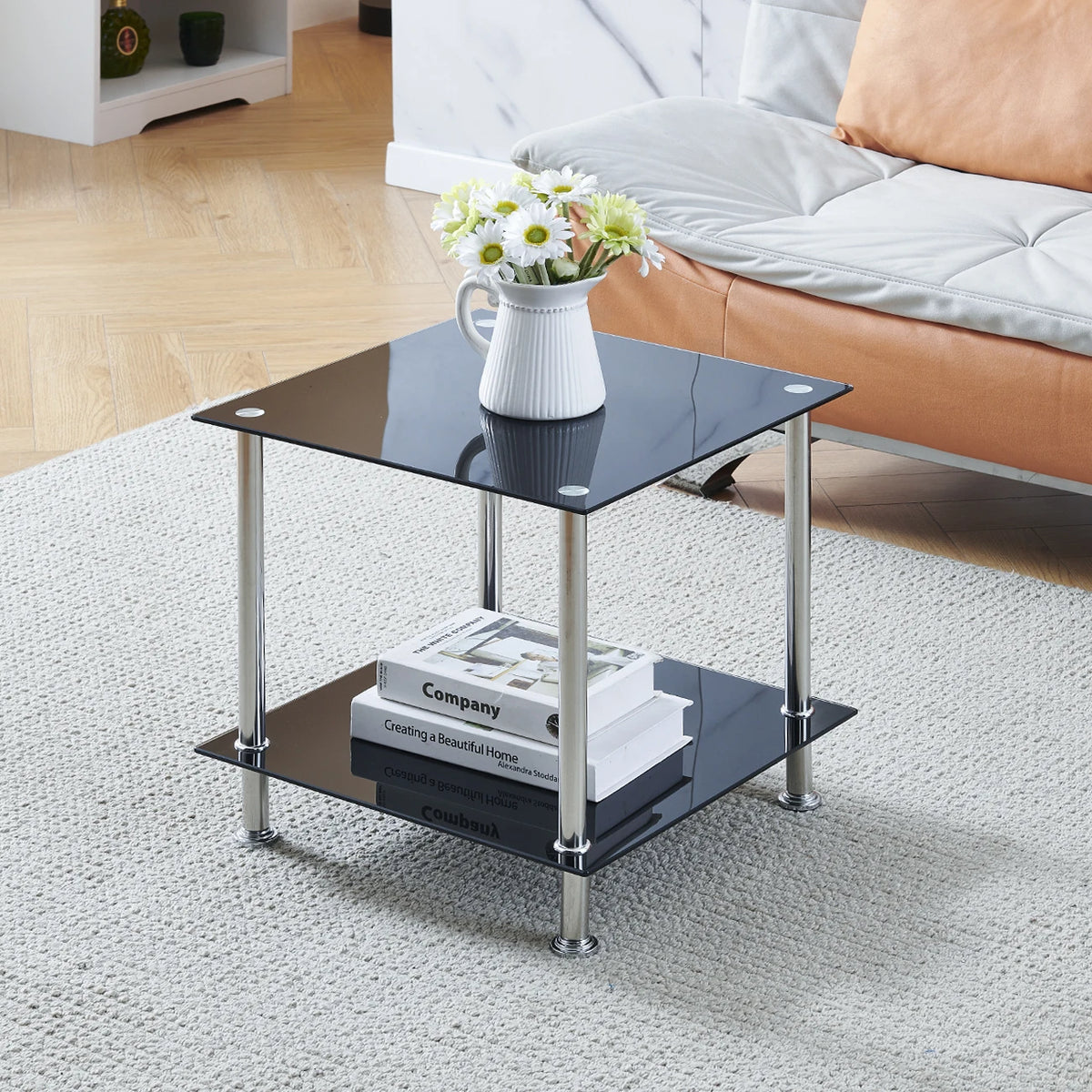 Square 2-tier black glass end table with stainless steel legs