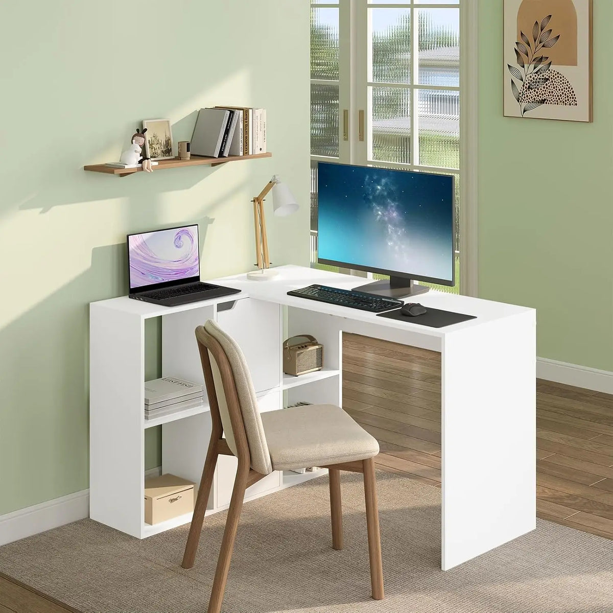 White L-shaped desk with side shelves and two monitor workstation